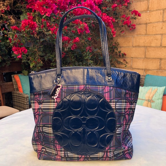 Coach Laura Signature Blue Plaid Multicolor Tartan Canvas Leather Tote Bag - Picture 5 of 12
